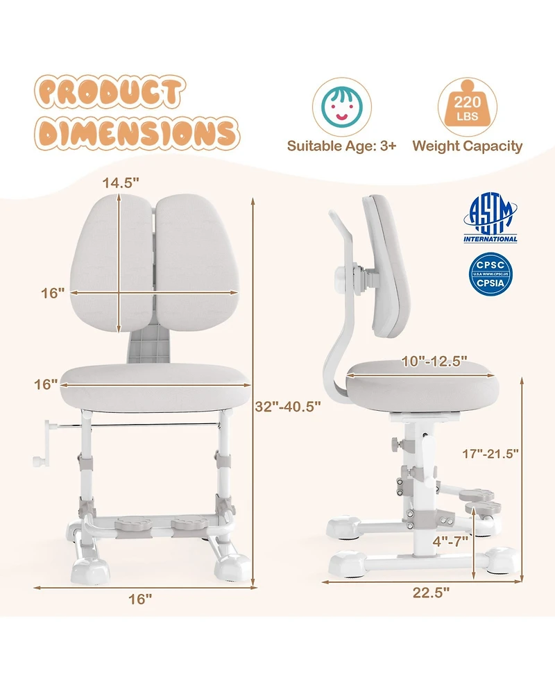 Gouun Kids Study Chair with Double Backrest, Adjustable Height and Footrest
