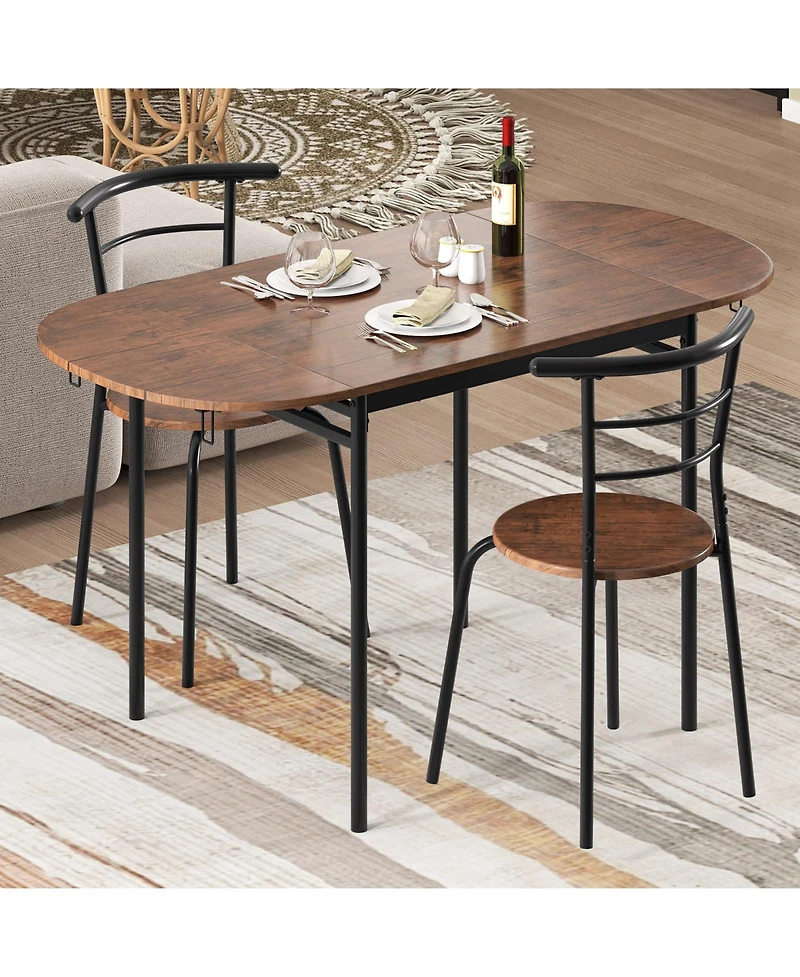 Gouun 3-Piece Drop Leaf Dining Set with Adjustable Table and 2 Metal Chairs