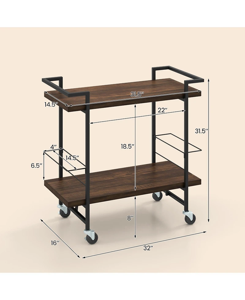 Gouun 2-Tier Rolling Bar Cart with Anti-Fall Guardrail and Lockable Wheels