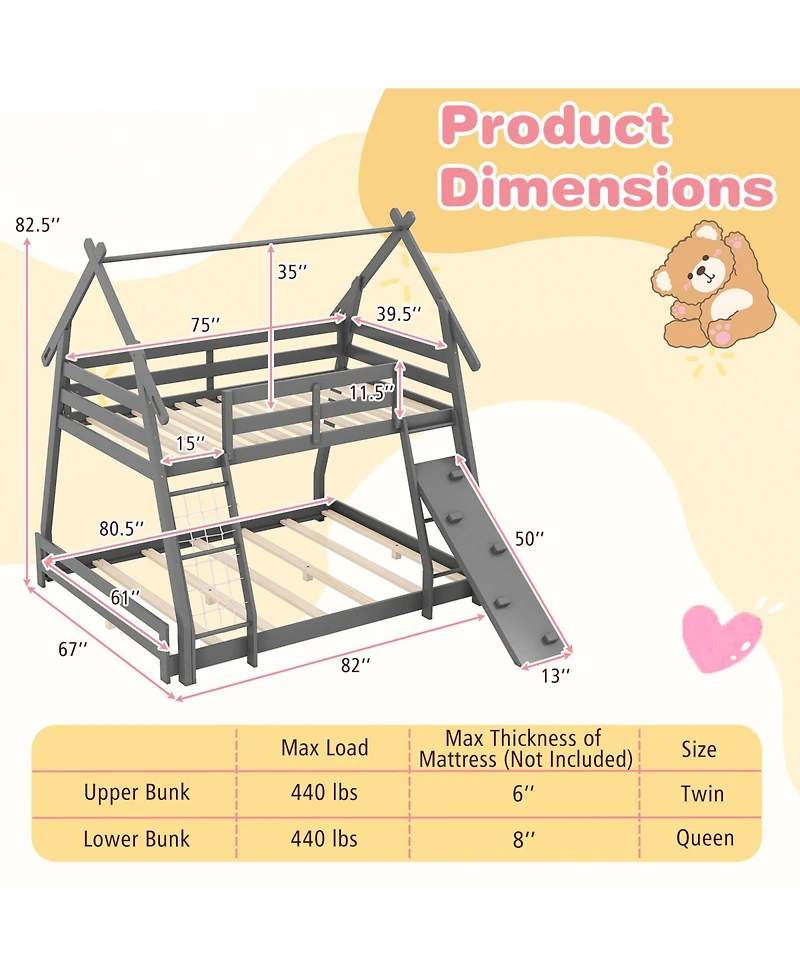 Sugift Twin Over Queen Wooden Bunk Bed with Climbing Net and Ramp