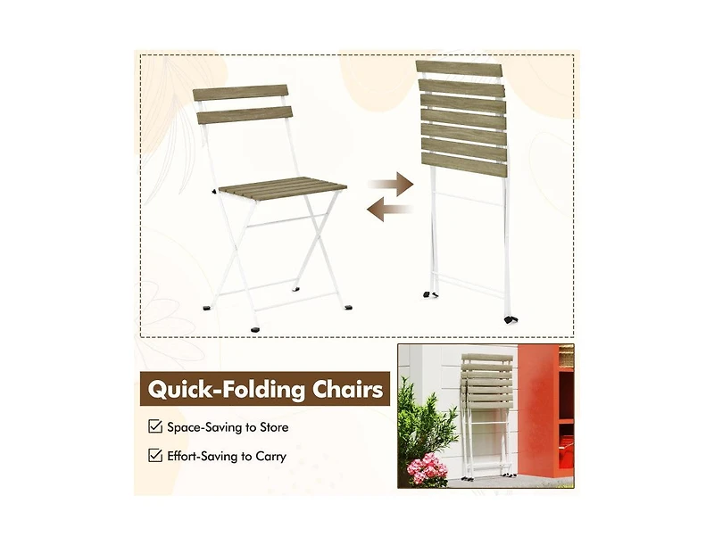 Lucky One 3 Piece Patio Acacia Wood Bistro Set Folding Chairs Slatted Tabletop