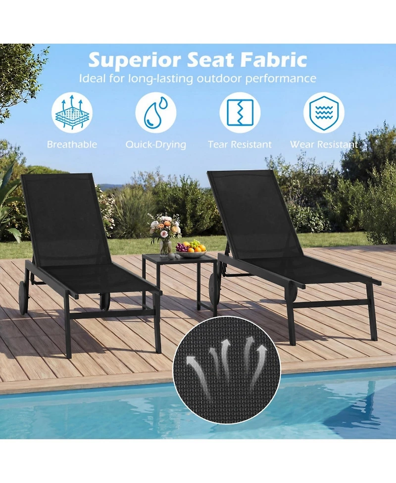 Gouun Set of 2 Patio Lounge Chairs with Wheels and 6-Level Adjustable Backrest