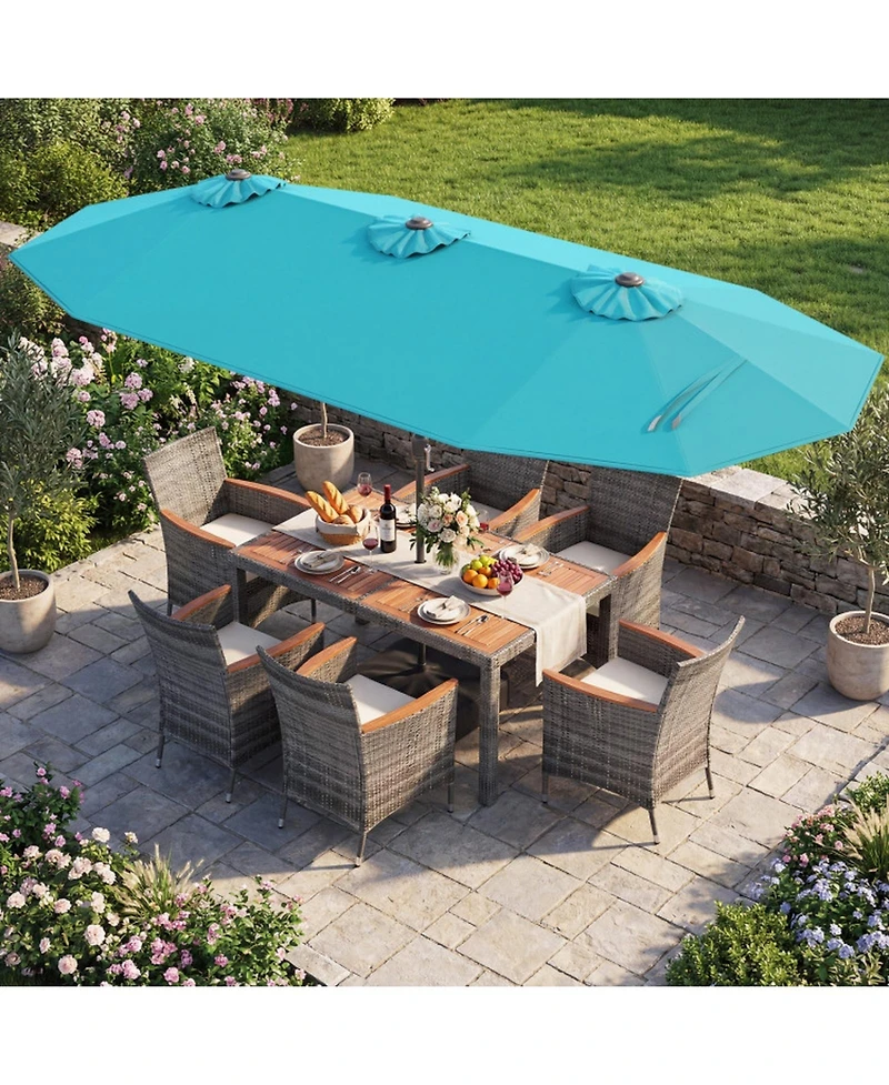 Gouun 8-Piece Patio Dining Set with 13.5 ft Market Umbrella, 59 in Table and 6 Rattan Chairs
