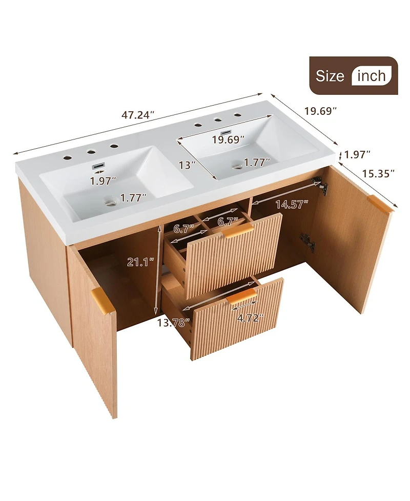 Sillysis 47 Inch Double Sink Bathroom Vanity Wall Mounted, Soft Close Drawers, Ample Storage, Smc Countertop and Wood Grain Mdf Cabinet