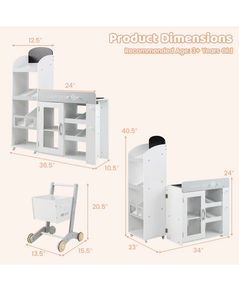 Slickblue Wooden Grocery Store Playset for Kids with Shopping Cart Toy