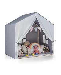 Slickblue Grey Kids Indoor Play Tent with Soft Cotton Mat and Flag Banner
