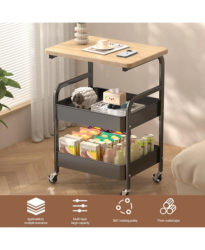 Homfan Sturdy 3-Tier Metal Utility Cart with Wooden Tabletop - Lockable Wheels, Multipurpose Storage Shelf