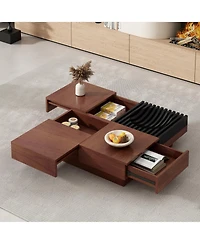 Rainsken Modern Extendable Coffee Table with Storage, Multi-Functional Sliding Top Center Table with Drawers for Living Room