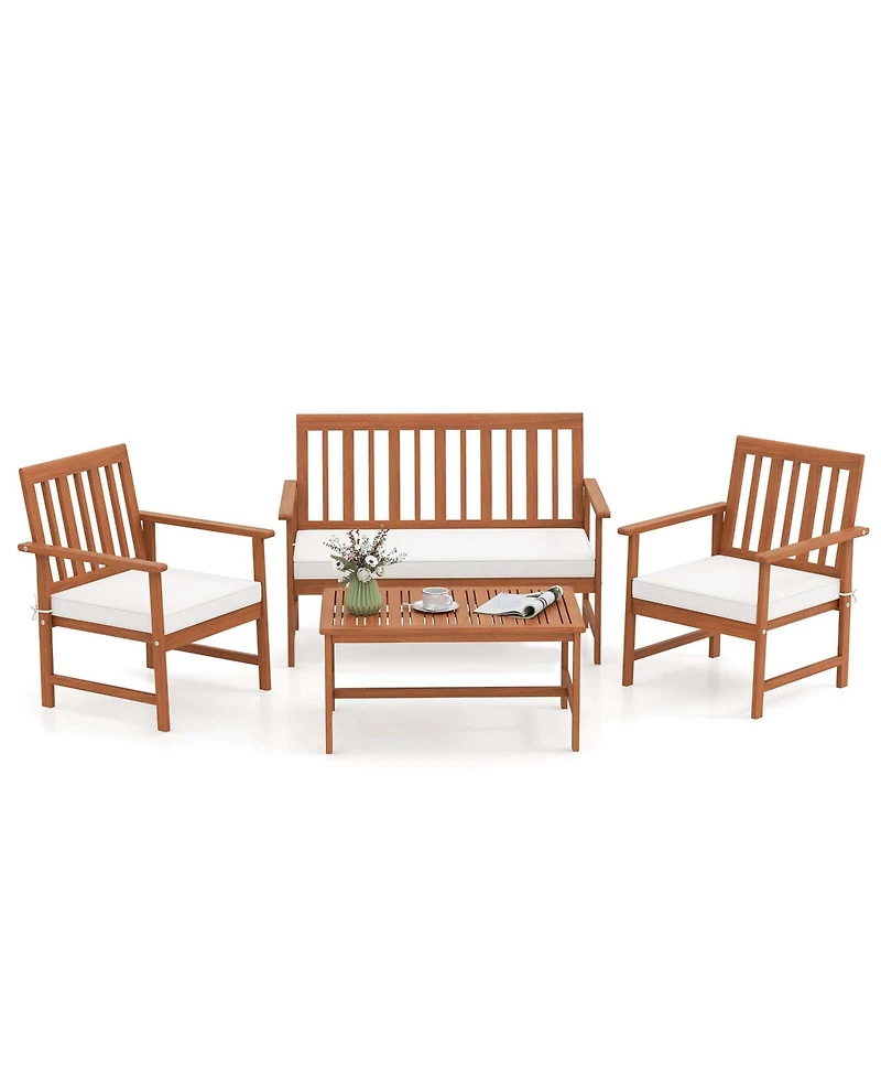 Costway Acacia Wood Furniture Set Coffee Table & 2 Armchairs with Seat Cushions