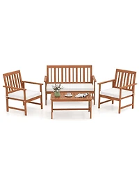 Costway Acacia Wood Furniture Set Coffee Table & 2 Armchairs with Seat Cushions