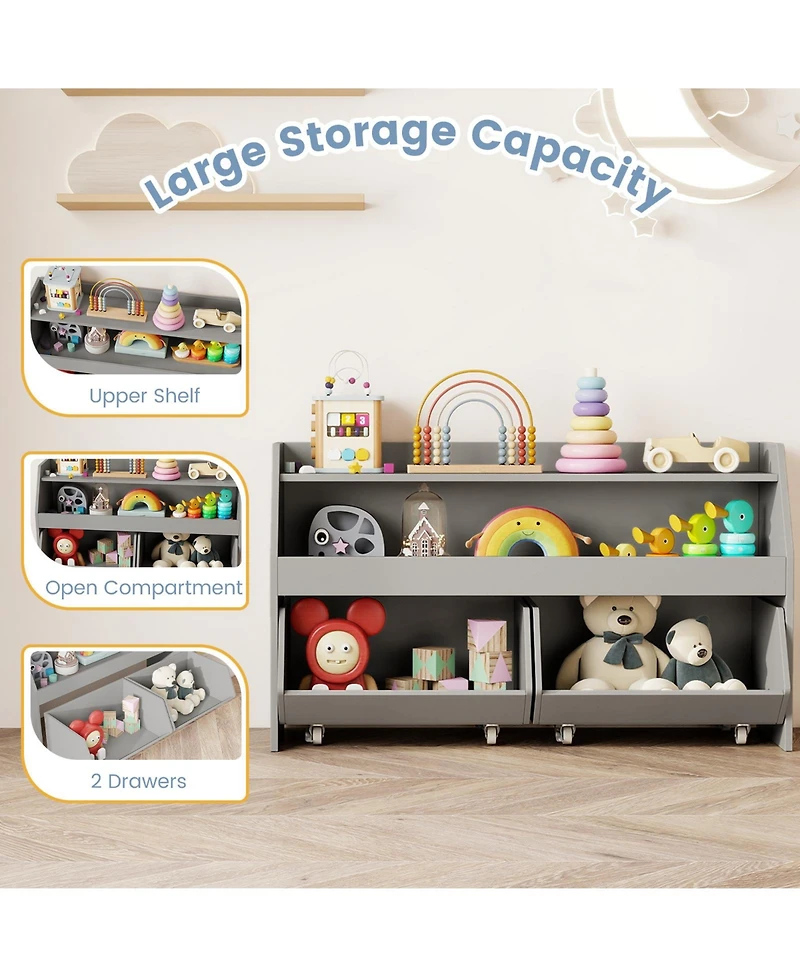 Gouun Kids Toy Storage Organizer Wooden Bookcase with 2 Movable Drawers