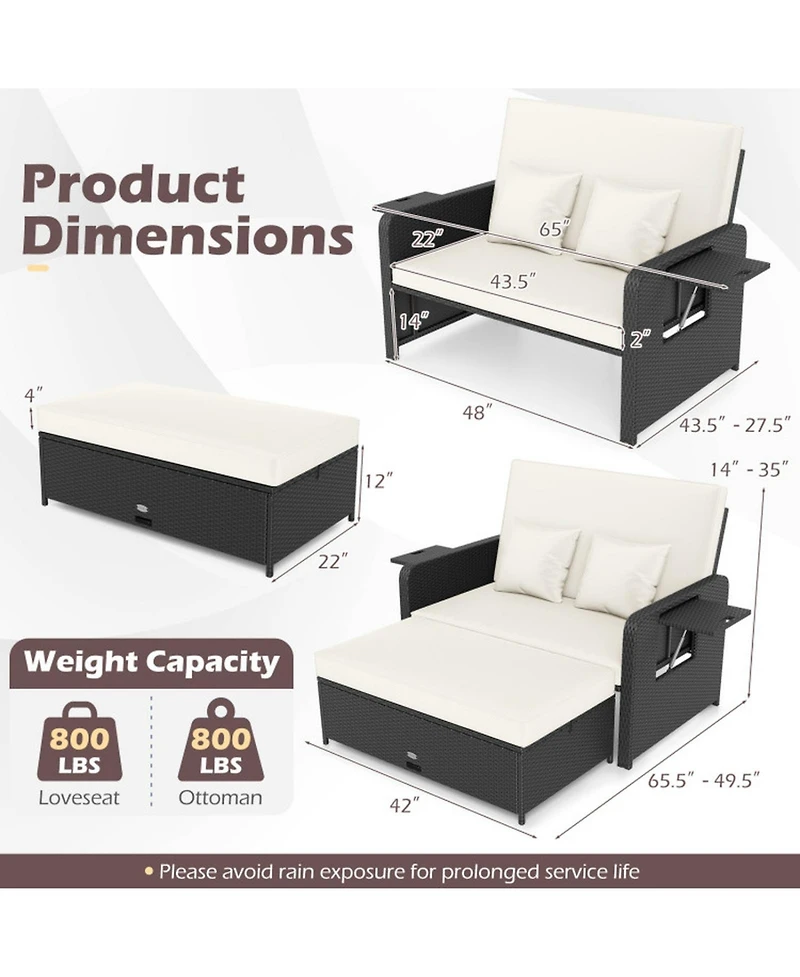 Gouun Pe Wicker Outdoor Daybed with 4-Level Adjustable Backrest and Ottoman