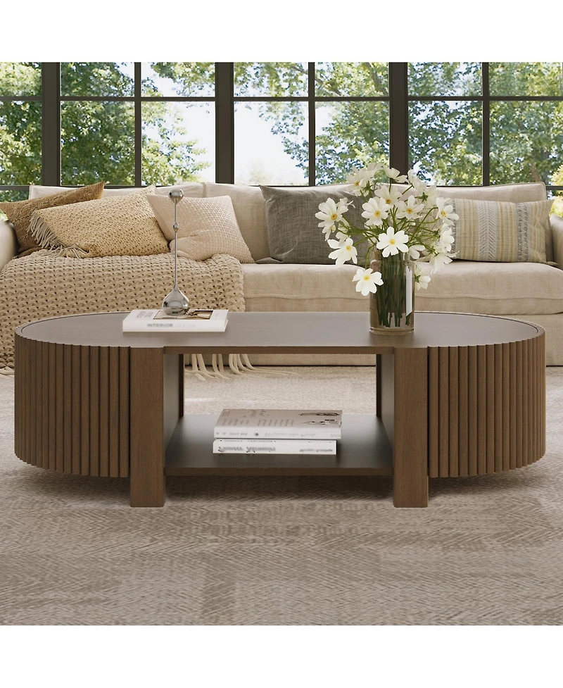 Rainsken Oval Coffee Table with Storage, Fluted Center Table with Shelves and 2 Open Doors, 47" Mid Century Modern Coffee Table for Living Room