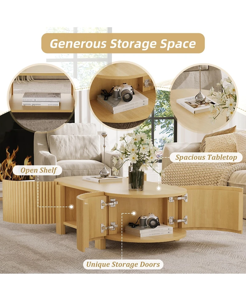 Rainsken 47" Fluted Oval Center Table, Mid Century Modern Coffee Table with Storage Shelves and 2 Open Doors for Home Living Room