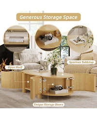 Rainsken 47" Fluted Oval Center Table, Mid Century Modern Coffee Table with Storage Shelves and 2 Open Doors for Home Living Room