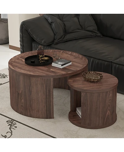 Rainsken Modern Circular Nesting Coffee Table Set of 2, 31.5" Main Table and 18" Stackable Side Table, Wooden Round Center Table for Living Room