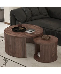 Rainsken Modern Circular Nesting Coffee Table Set of 2, 31.5" Main Table and 18" Stackable Side Table, Wooden Round Center Table for Living Room