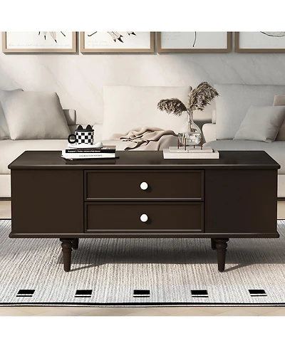 Rainsken 47.2" Modern Wooden Rectangular Coffee Table, Center Table with 4 Drawers and 2 Side Hidden Storage Compartments for Living Room