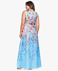 Betsy & Adam Plus Floral Print V-Neck Sleeveless Gown