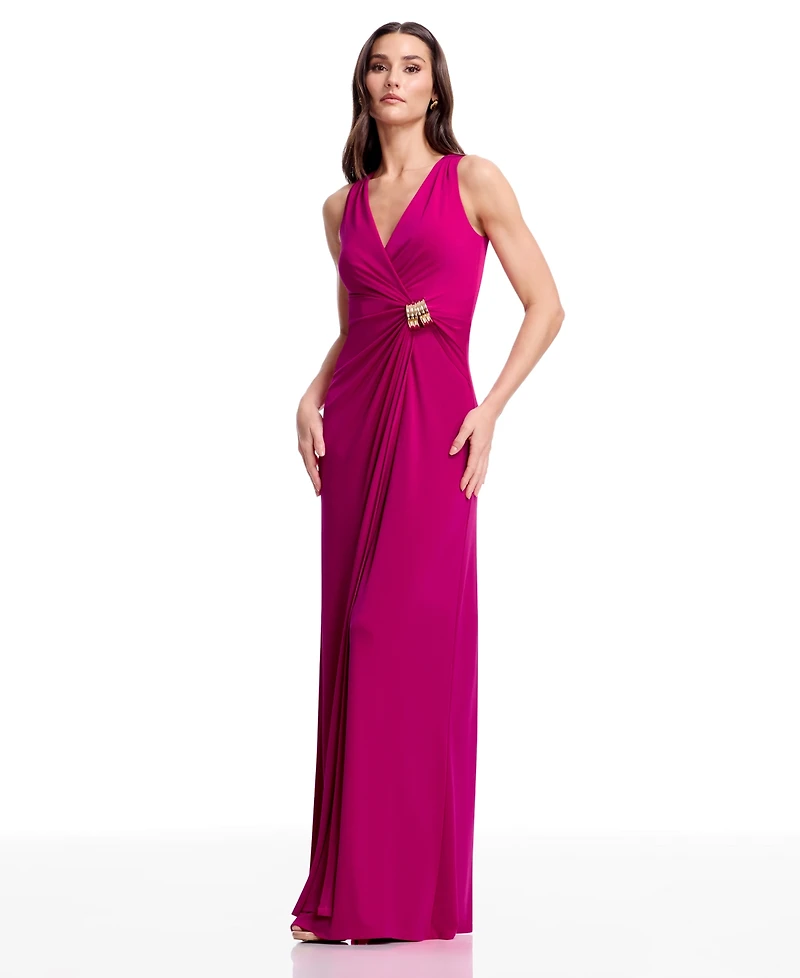Dress the Population Women's Pleated Wrap Long Gown