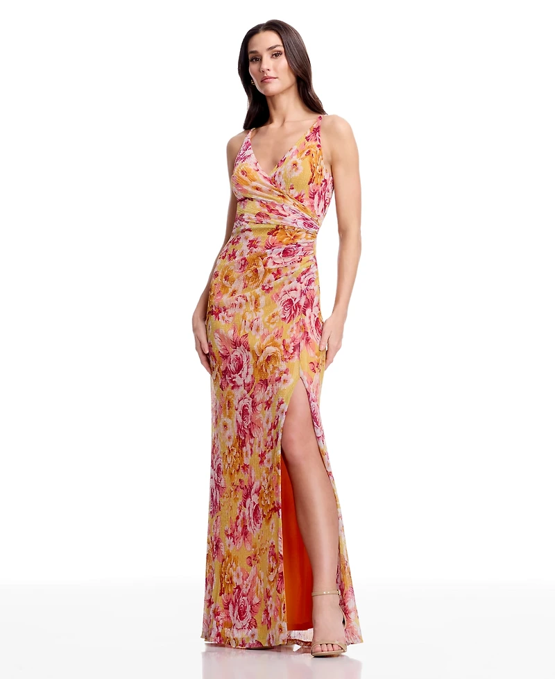 Dress the Population Women's Floral Print Ruched Mermaid Gown