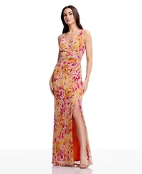 Dress the Population Women's Floral Print Ruched Mermaid Gown