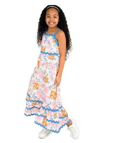 Rare Editions Girls' 7-16 Sateen Tropical Ric Rac Strap Bodice Dress