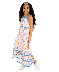 Rare Editions Girls' 7-16 Sateen Tropical Ric Rac Strap Bodice Dress