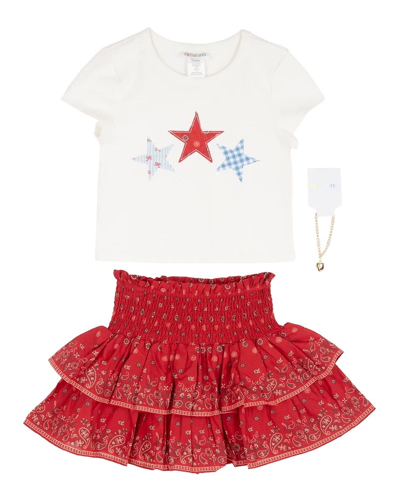 Tween Diva Girls' 7-16 Star-Print Top, Smocked Skirt and Necklace, 3-Piece Set