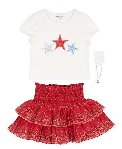 Tween Diva Girls' 7-16 Star-Print Top, Smocked Skirt and Necklace, 3-Piece Set