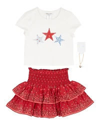 Tween Diva Girls' 7-16 Star-Print Top, Smocked Skirt and Necklace, 3-Piece Set