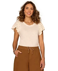 Democracy Petite Crochet-Trim Flutter-Sleeve Knit Top