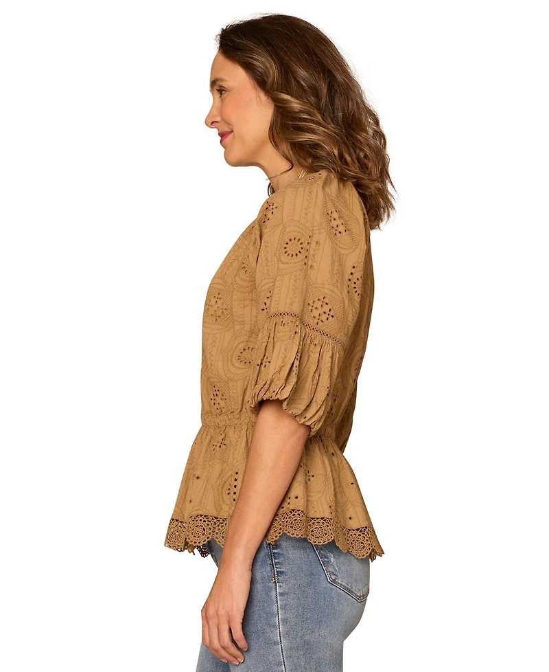 Democracy Petite Bubble-Sleeve Split Neck Top