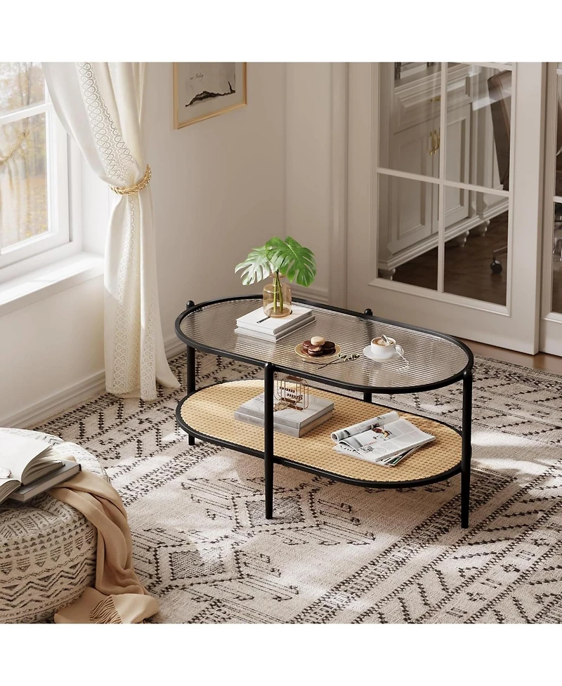 gaomon 2 Tier Rattan Oval Coffee Table with Tempered Glass Top, Boho Farmhouse Metal Tea Table with Storage Shelf Decor