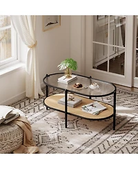 gaomon 2 Tier Rattan Oval Coffee Table with Tempered Glass Top, Boho Farmhouse Metal Tea Table with Storage Shelf Decor
