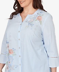 Alfred Dunner Plus St. Augustine Striped Floral Embroidered Button Down Top