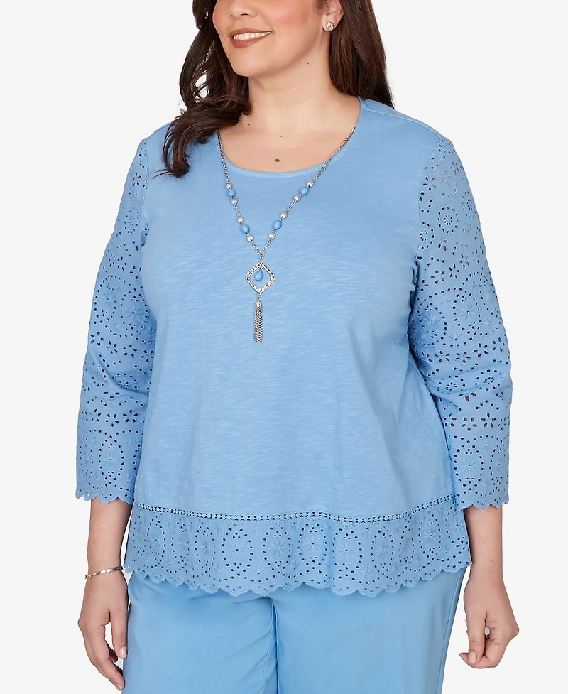 Alfred Dunner Plus St. Augustine Solid Eyelet Trim Top with Necklace