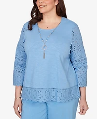 Alfred Dunner Plus St. Augustine Solid Eyelet Trim Top with Necklace