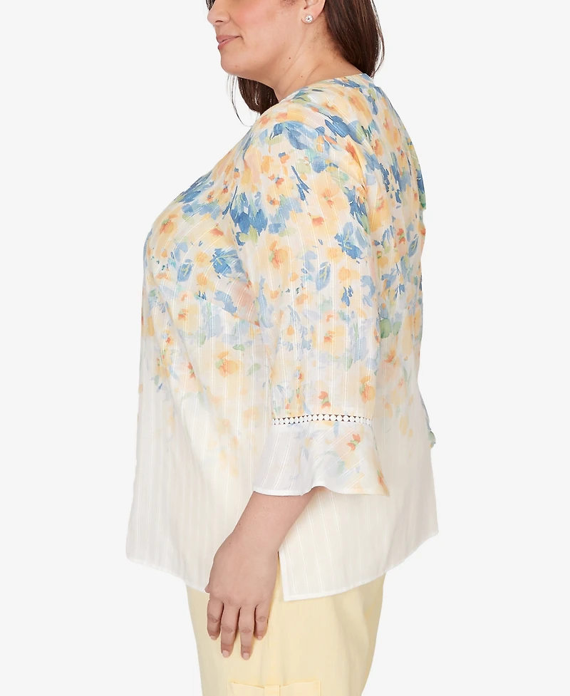 Alfred Dunner Plus Out of the Blue Falling Floral Three Quarter Sleeve Top