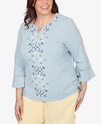 Alfred Dunner Plus Out of the Blue Center Scroll Embroidered Side Tie Top