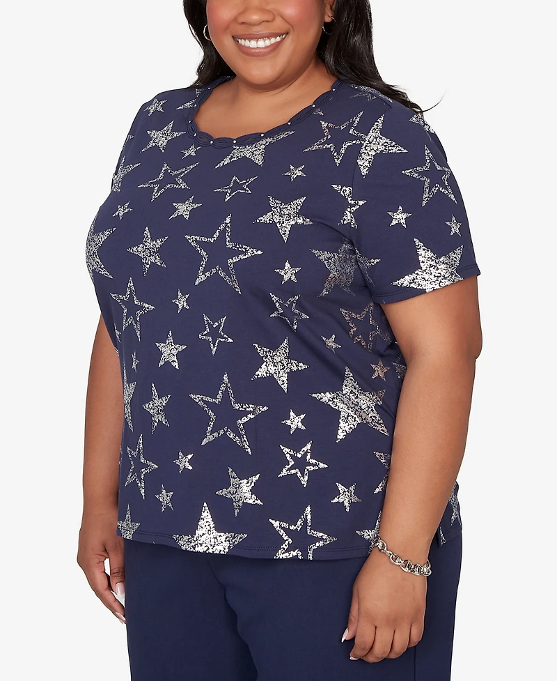 Alfred Dunner Plus Lady Liberty Sparkling Foil Stars Crewneck T-Shirt