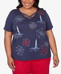 Alfred Dunner Plus Lady Liberty Statue Of Fireworks V-Neck T-Shirt
