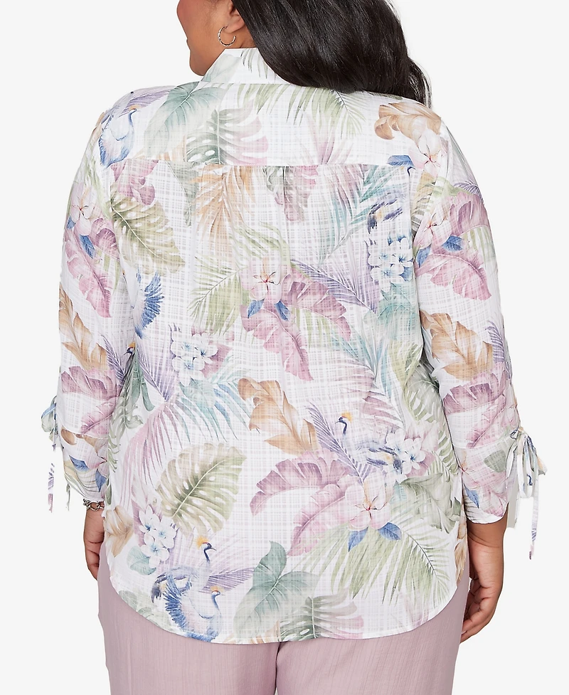 Alfred Dunner Plus Vintage Charm Tropical Button-Front Tie Sleeve Top
