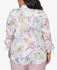 Alfred Dunner Plus Vintage Charm Tropical Button-Front Tie Sleeve Top