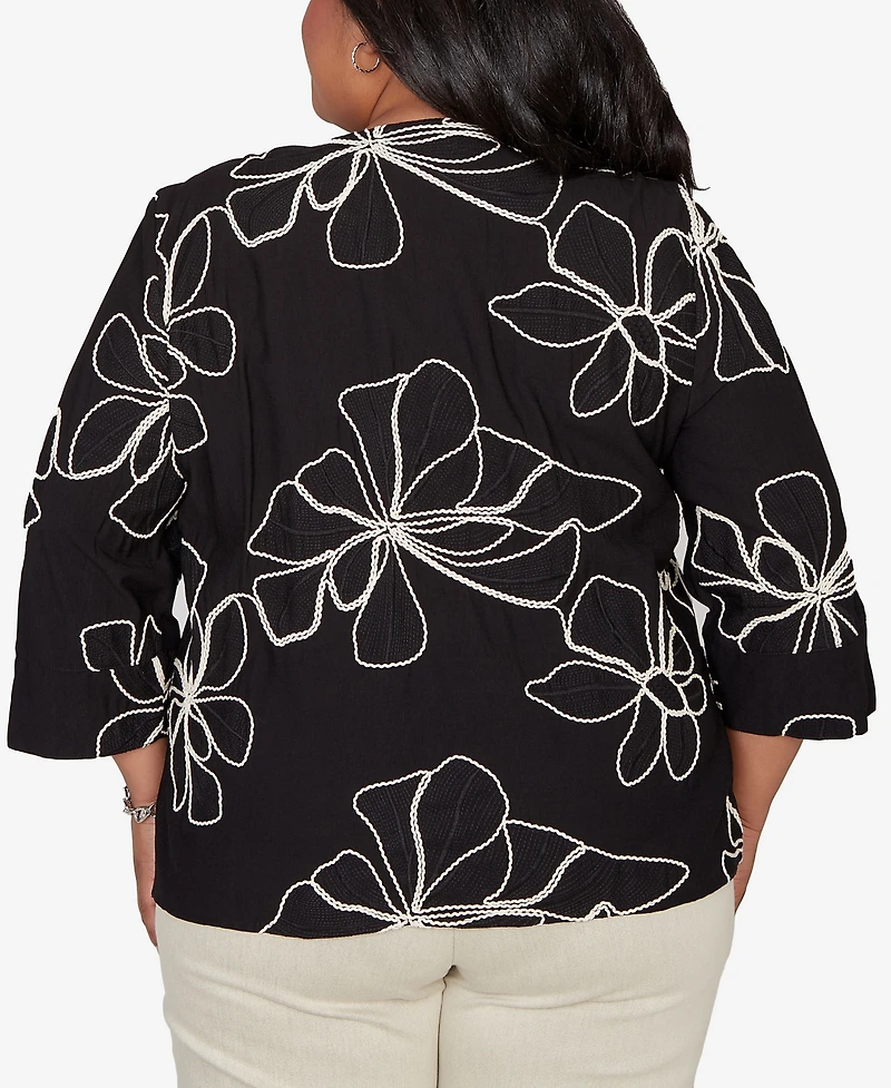 Alfred Dunner Plus Detail Driven Flower Soutache Three Quarter Sleeve Top