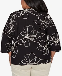 Alfred Dunner Plus Detail Driven Flower Soutache Three Quarter Sleeve Top