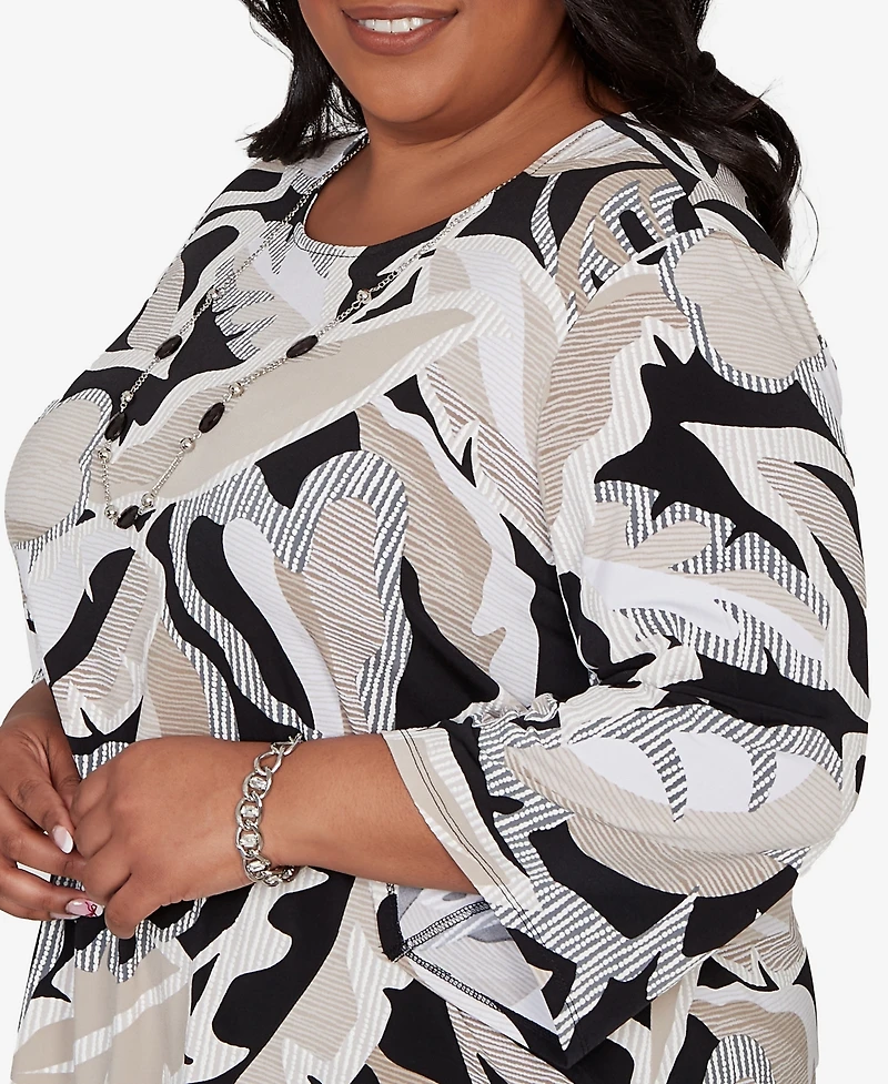 Alfred Dunner Plus Detail Driven Texture Leaves Pointed Hem Top with Necklace