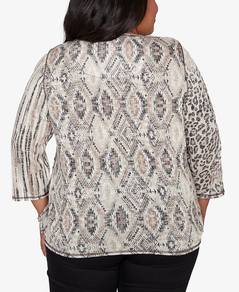 Alfred Dunner Plus Detail Driven Spliced Aztec Animal Skin Crewneck Top