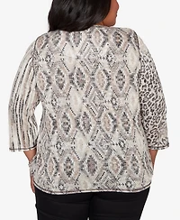 Alfred Dunner Plus Detail Driven Spliced Aztec Animal Skin Crewneck Top
