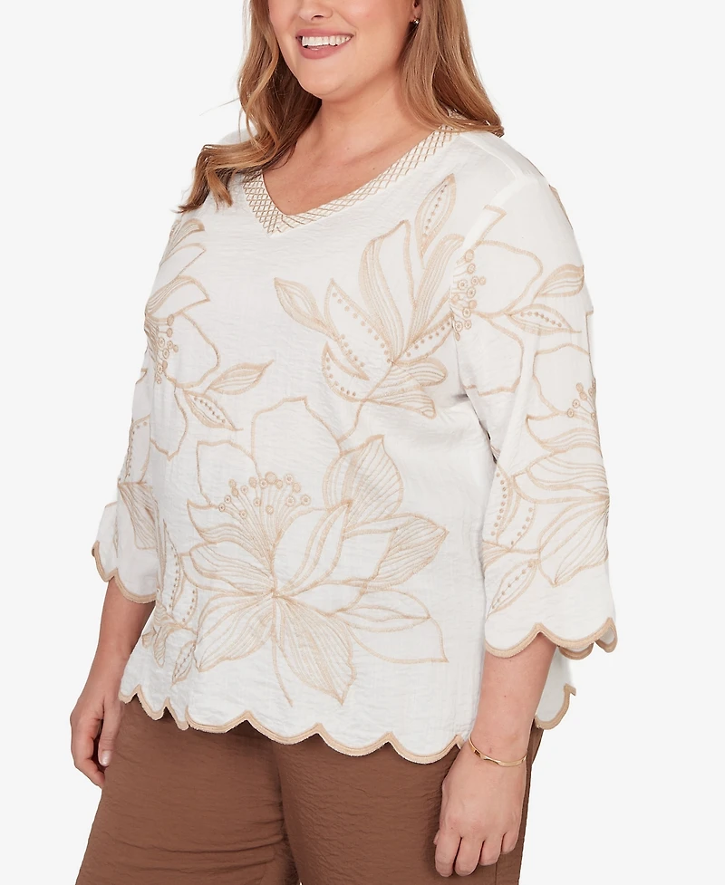 Alfred Dunner Plus Spice Market Embroidered Floral V-Neck Textured Top